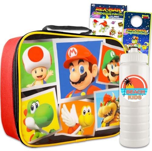 Ensemble boîte à déjeuner Mario pour garçons – Ensemble avec sac à déjeuner Super Mario plus bouteille d'eau, autocollants, plus | Seau à déjeuner Mario pour enfants, garçons et filles