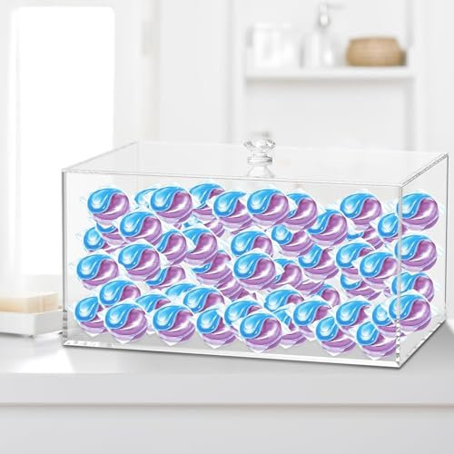 Acrylic Dryer Sheet Container with 4 Labels & Handle Lid, Clear Dryer Sheets Holder, Dishwasher Tablet Storage, Laundry Storage Containers for Bath Bombs,Scent Booster,Dryer Sheets (1-Tier)