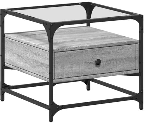 vidaXL Table Basse avec Dessus en Verre Sonoma Gris 50x50x45 Acier, Table d'appoint, Table de Salon, Table à thé, Bout de canapé, Table d’extrémité