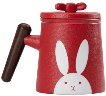fanquare Tazze da Tè in Ceramica Tazza da Tè in Porcellana Coniglio Rosso con Infusore Coperchio Manico in Legno Tazza per la Macerazione del Tè per Foglie Sfuse