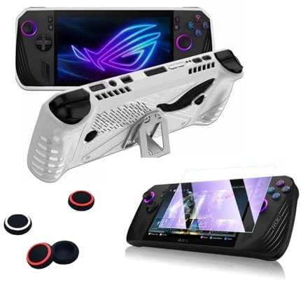 Kit de protección para ASUS ROG Ally X, funda de TPU con soporte, 2 pares de fundas para joystick, protector de pantalla de película templada, protección completa (blanco)