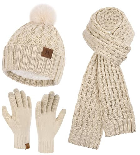 Bequemer Laden Womens Winter Hat Long Scarf Touch Screen Gloves Set Warm Beanie Hats Neck Warmer Knit Caps with Pom Fleece Lined Gifts for Women
