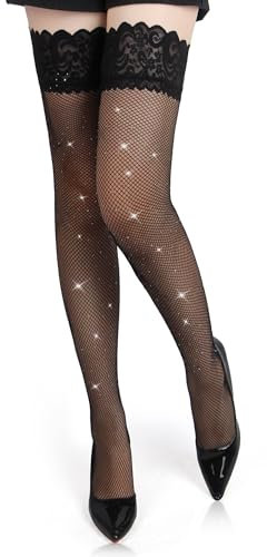 ohmydear Medias de red, sin soporte, con purpurina, para mujer, medias de nailon, medias por encima de la rodilla, tallas grandes con silicona antideslizante, 1 par, Negro , L-XXL