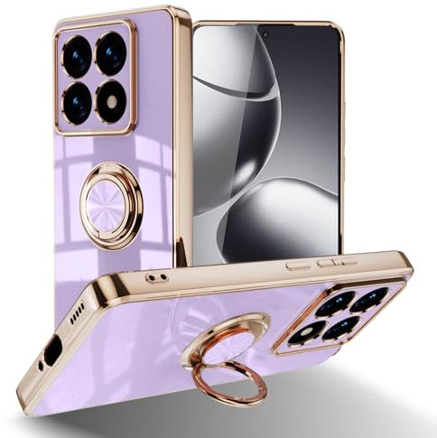 HeeYeal Funda para Xiaomi 14T Pro 5G, 360° Anilla Posterior Soporte de Montaje Magnético del Coche, TPU Silicona Protección de Cámara Carcasa para Xiaomi 14T Pro 5G - Púrpura