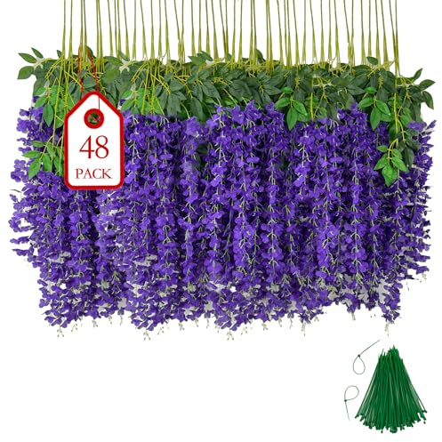 BIRDDIE 48 Stück Künstliche Glyzinien Hängende Wisteria Dunkelviolett | Kunstblumen Hängend Wie Echt Künstlich Hängeblumen für Outdoor Draußen Balkon Garten Hochzeit Blumengirlande