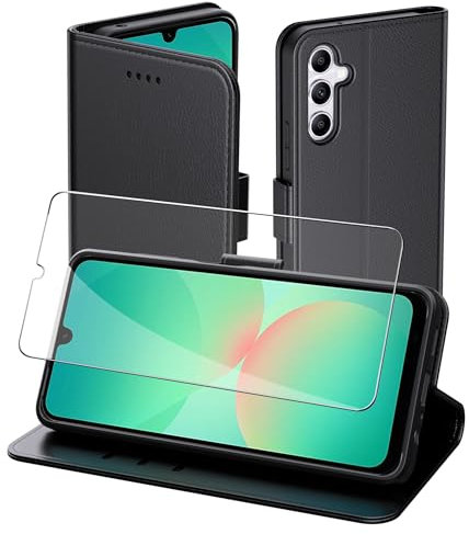 Aiziki Custodia per Samsung Galaxy A26 5G +1 Vetro Temperato, Copertura Protettiva in Pelle PU Premium, Pieghevole, Aspirazione Magnetica, Prevenzione Delle Cadute, Carta Fessura - Nero