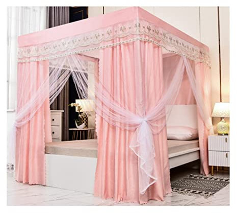 Doppelbetthimmel Moskitonetz mit Metallhalterungen, Rosa, 180 x 200 cm, 4 Eckpfosten, Bettvorhänge für Jungen, Schlafzimmer, Dekoration