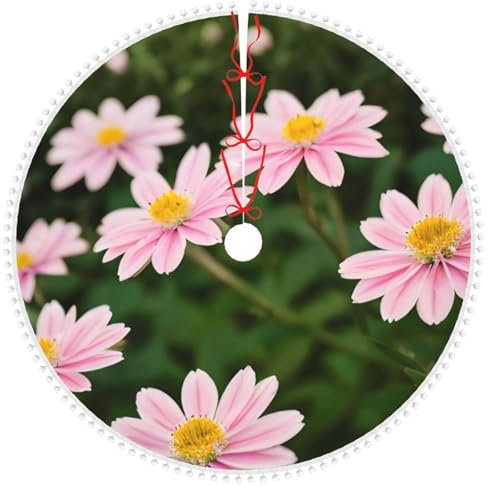 Decorazione a doppio strato per albero di Natale, con stampa a fiori rosa, bianco e oro, morbida decorazione per albero di Natale, con pompon