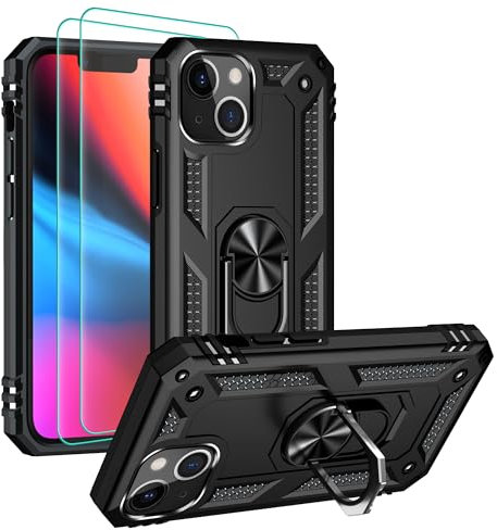 Pilaru for iPhone 13 mini Case,iPhone 13 mini Phone Case with HD Screen Protector, [Military Grade 16ft. Drop Tested],Magnetic Ring Kickstand Car Mount Protective Cover for iPhone 13 mini,Black