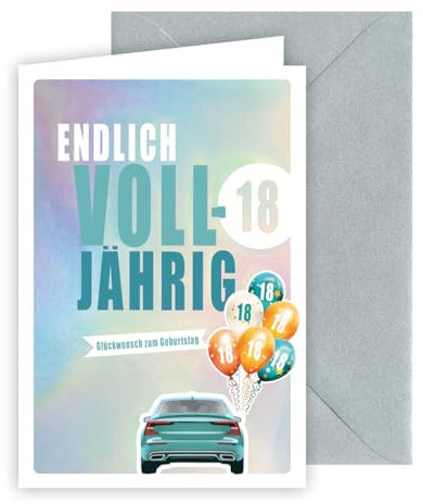 KE - Silberne Geburtstagskarte mit Zahl 18 und Auto Motiv - Luftballons - Große Zahl - Folienprägung - Grußkarte für besondere Anlässe