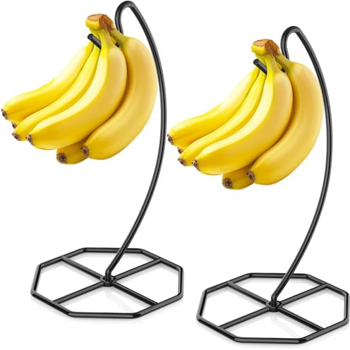 Beesini 2 Pack Banana Hanger, Banana Tree Holder Metal, Banana Stand Holder, Holds Up to 15LB Banana or Grape, Banana Rack for Kitchen Counter, Black