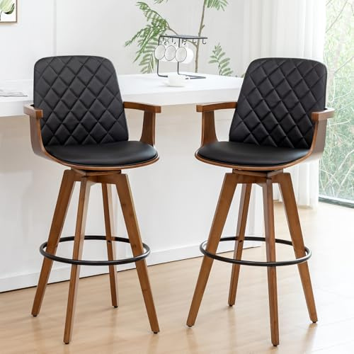 Set of 2 Bar Height Bar Stools - 29.12 inch Swivel Bar Stools with Curved Back and Arms, Walnut Craftsmanship, Upholstered Seat, Mid Century BarStools for Bar/ Pub/Island/Cafe (29 Seat Height, Black)