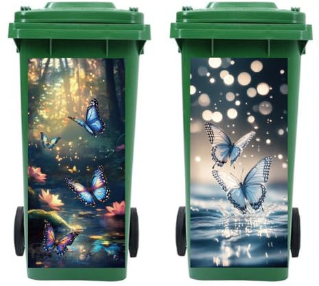 Peacoblue Wheelie Bin Stickers 2 Sheets Butterfly and Flower Sticky Dustbin Stickers, 15in x 32in Waterproof Self Adhesive Large Decal for Bins, Driveway, Garden, Outdoor, Indoor Decoration