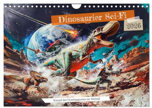 Dinosaurier Sci-Fi - Kampf der Urzeitgiganten im Weltall (Wandkalender 2026 DIN A4 quer), CALVENDO Monatskalender: Weltraum-Chaos: Dino-Galaxie in Gefahr (CALVENDO Technologie)