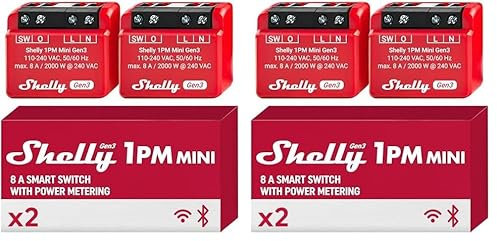 Shelly 1PM Mini Gen3 - Micromodule Relais Interrupteur connecté Wi-Fi & Bluetooth, Compteur de consommation, Commande à distance, 1 Canal 8A, Alexa & Google Home, App iOS, Android (Lot de 4)