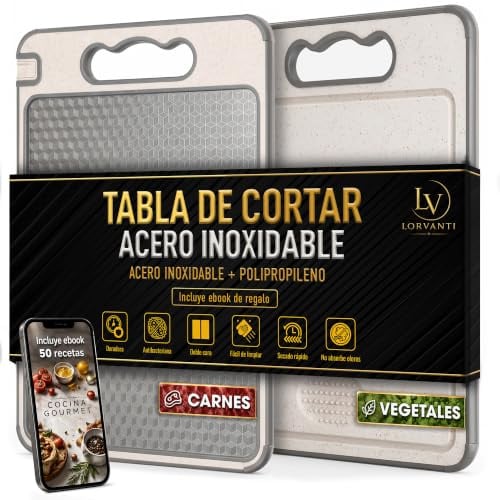 Tabla de Cortar Acero Inoxidable 36x25 cm - Tabla Acero Inoxidable + Polipropileno - Doble Cara Antibacteriana, Fácil de Limpiar, Duradera y Sin Olores, Ideal para Carne, Verduras y Uso Diario
