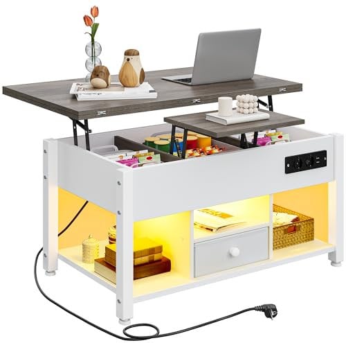 YITAHOME Couchtisch mit Höhenverstellbarer, 4-in-1-Multifunktions-Couchtisch mit Stauraum und LED Beleuchtung, Couchtisch lässt Sich in einen Esstisch für das Wohnzimmer umwandeln, Weiß&Grau