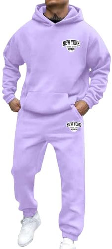 Mens Track Suit 2 Piece Set Contrast Cord Jogging Bottoms Hoodies Zip Trousers Gym Sports Suit Sets Joggers Pants Zipper Pockets Loungewear Set Autumn Outfits Christmas(Light Purple,M)