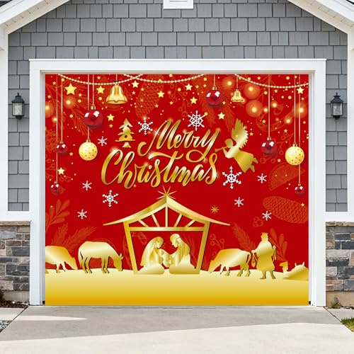 Fukaisu Weihnachten Garagentor Banner Kit, Polyester Groß Weihnachtsbanner Outdoor Garagentor Wunderschöner Festlicher Hintergrund für Drinnen und Draußen Weihnachtskrippe Heiligabend Dekorationen