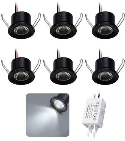 6stk. Mini LED Spot Klein Einbaustrahler IP65 12V 2W Schwarz Kaltweiß | Durchmesser:Ø25-28mm Mini LED Downlight, Für Decke Küche Duschablage Flur Treppenbeleuchtung Schrank Vitrinen Veranda