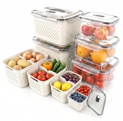 ChaneeHann 6 Set Frischhaltedosen Obst Gemüse (7,2L/4,55L/3,3L/1,85L/0,85L/0,38L) mit Abtropfgitter Griff, für aufbewahrung kühlschrank, kühlschrank organizer und kühlschrank gemüsefach, BPA-frei
