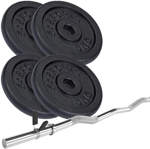 ScSPORTS® Hantelset - Curlstange, 120 cm, mit Gewinde, Stahl, Hantelscheiben 15/20/28/40/60 kg, Gusseisen, Schwarz, Stern-/Federverschluss (20 kg (4 x 5) Federverschluss)