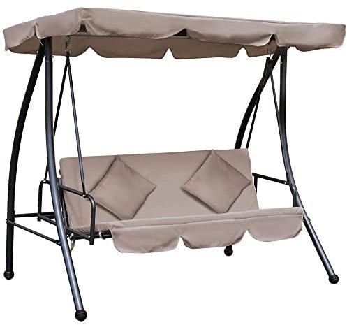 Outsunny Columpio Balancín Jardín de 3 Plazas Convertible en Cama con Techo Ajustable Cojín Acolchado y Almohadas para Balcón Terraza Carga 340 kg Acero 200x125x170 cm Beige