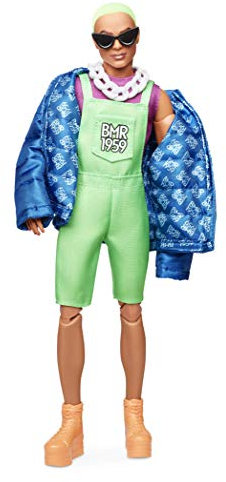 Barbie GHT96 BMR 1959 Ken Streetwear Signature bewegliche Puppe mit neonfarbenem Haar, Overall und gepolsterter Jacke, inkl. Accessoires und Puppenständer