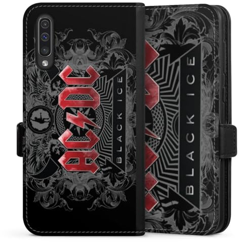 Klapphülle kompatibel mit Samsung Galaxy A50 Handyhülle aus Kunst Leder schwarz Flip Case ACDC Fanartikel Black Ice