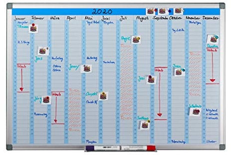 Relaxdays Whiteboard, Jahresplaner, abwischbar, magnetisch, Planungstafel mit Stiftablage, Magnetwand 60 x 90 cm, weiß, Eisen, 60 x 90 x 5 cm