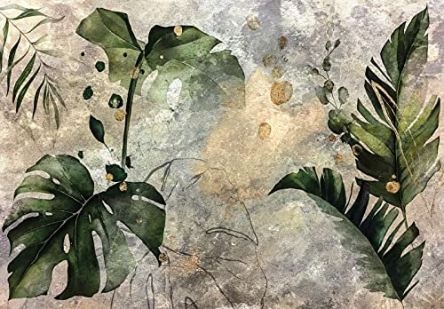 WallArena - Vlies Fototapete Blätter Vintage Mauer Beton Pflanzen Tropische 460x300 cm - Fototapeten - Tapeten - für Wohnzimmer Schlafzimmer - Vliestapete Wandtapete Tapete 3D Effekt- inkl. Kleister