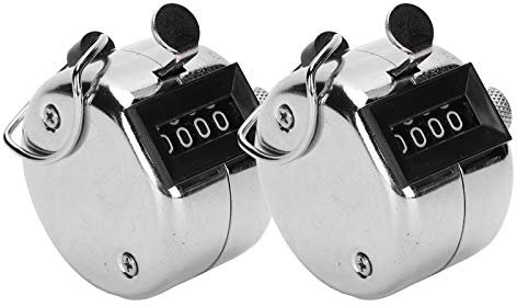 2 Stück Metall Hand Tally Counter 4-stellige Tally Counters Mechanischer Palm Counter Clicker Counter Handheld Pitch Click Counter Number Count für Row, People, Golf, Lap & Knitting, Silber Schalter