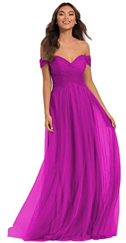 N/ C Le donne fuori dalla spalla Tulle Abiti da damigella d'onore lunghi Sweetheart abiti formali per la cerimonia nuziale C003, Fucsia, 50