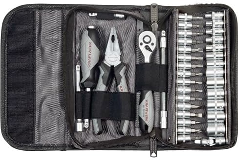 Kraftwerk 208.103.000 Coffret à outils 36 pièces rempli avec jeu de douilles 1/4 et cliquet réversible, boîte à outils avec pince combinée et kit d'outils