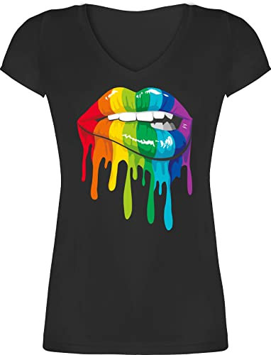 T-Shirt Damen V Ausschnitt - Kleidung Pride Flag - Lippen LGBT & LGBTQ - L - Schwarz - CSD Outfit LGBTQ-t-Shirt Lesbian Regenbogen Tshirt Shirt sexy Gay lqbtq lippe Oberteil t Cotton lgbtqia Mund