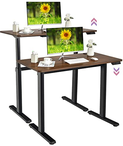 GOPLUS Höhenverstellbarer Schreibtisch, Elektronischer Computertisch aus Holz & Alu, Ergonomischer Arbeitstisch mit USB-Ladeanschluss für Zuhause, Büro, bis 80 kg Belastbar, Braun + Schwarz
