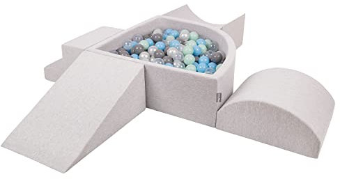 KiddyMoon Spielplatz Aus Schaumstoff Mit Viertel Eckig Bällebad (200 Bälle) Hindernisläufe, Hellgrau:Perle/Grau/Transparent/Babyblue/Minze