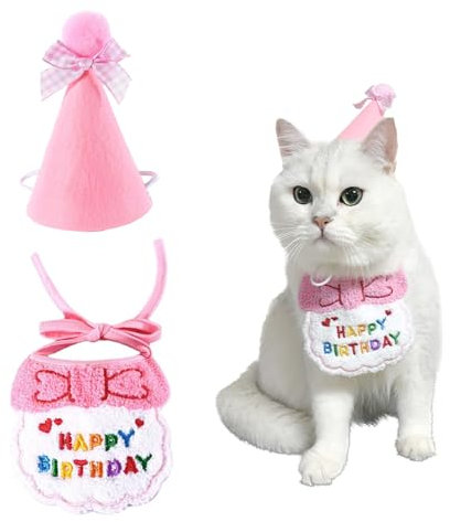 Bandana für Katzen zum Geburtstag, niedlicher Hunde-Geburtstagshut, Haustier-Geburtstagsparty-Zubehör, Geburtstags-Outfit für Katze und Hund, Rosa A