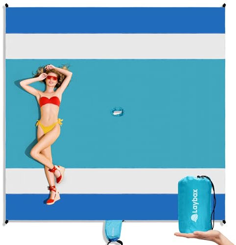 Laybax Couverture de plage bleue, résistante à l'eau, au sable, 3 x 2,7 m avec trou pour parasol, tapis de plage, compacte et légère, sac de rangement, 4 piquets, poches de sable, fonctionne avec