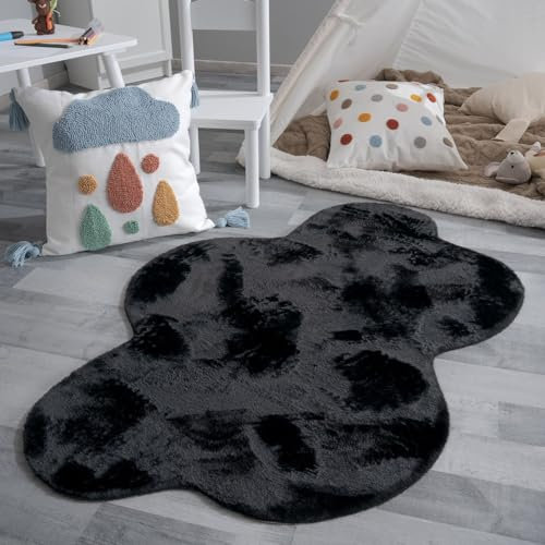 TT Home Wohnzimmer Teppich Unifarben Flauschig Modern Kunstfell Kurzflor, Farbe: Schwarz, Größe:80x120 cm Wolke