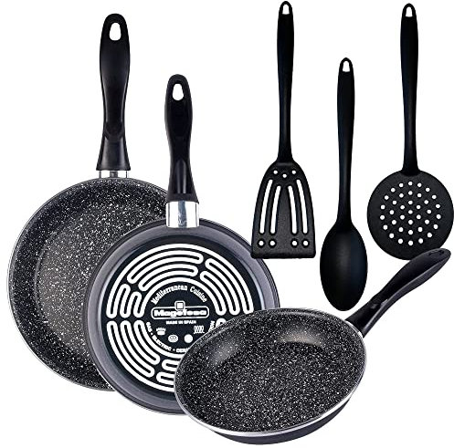 Magefesa K2 GRANSASSO set: Paellera Ø34 y Tartera Ø24 cms, en acero esmaltado vitrificado, en gris, inducción y lavavajillas, y juego de 3 Utensilios de cocina en acero inoxidable