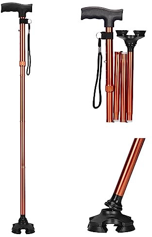 supregear Gehstock Faltbare Gehstock, 5-Stufig Verstellbarer Aluminium Faltstock, Antirutsch Selbststehende 4-Beinige Faltstock für Ältere Behinderte, mit T-Griff und schwenkbarem Vierfachfuß