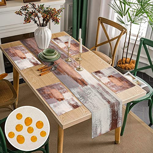 Tischläufer 33x183cm und Tischsets 4er Set 45x32cm Tischläufer Schmal Braun und Grau Malerei Kunst Leinenoptik Vintage Tischläufer Outdoor Tischläufer Wetterfest Tischsets für Urlaub Party Garten