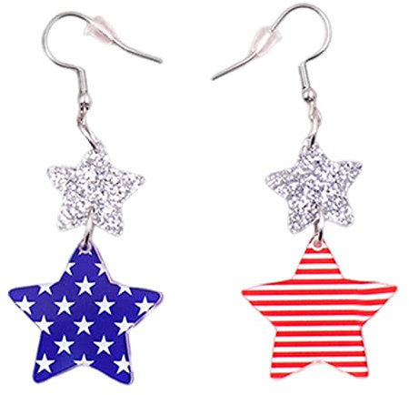 3 Earrings Set for 3 4th Of July Acrylic Earrings Patriotic Red White Blue American Flag Star Dangle Glitter Earrings Independence Memorial Day Jewelry Accessories For Women No Hole Earrings (C, C)