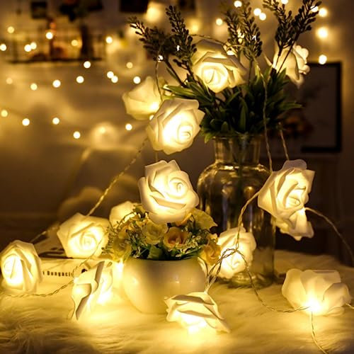 HAOSHICS Guirlande lumineuse à piles en forme de roses pour Noël, Saint-Valentin, mariage, fête, intérieur, décoration de jardin (rose blanche, 3 m, 20 LED)
