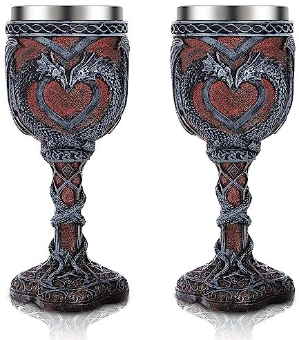 Jinei 2 Stück mittelalterliche Tassen und Kelche Drachenweinkelch, Kelch, 200 ml, Kunstharz, Drachenbecher, Gothic-Weinglas, romantischer Edelstahl-Trinkbecher für mittelalterliche Party-Dekorationen