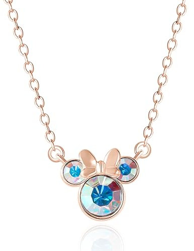 Disney 100 Minnie und Mickey Mouse Aurora Boreal Kristall Halskette 45,7 cm + 5,1 cm Sterling Silber Halskette Offizielle Lizenz, Sterling Silber, Kristall