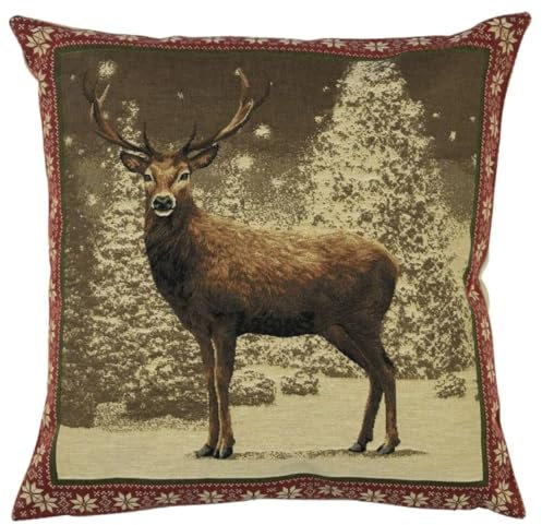 Mars & More Gobelin Kissen Hirsch rote Bordüre Dekokissen 45x45cm Winter