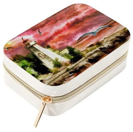 RODAILYCAY Leuchtturm mit Seemöwen, Reise-Schmuckschatulle, Organizer, tragbare Schmuck-Aufbewahrungsbox, Schmuck-Präsentationsboxen mit Reißverschluss für Halsketten, Ringe, Ohrringe, Armbänder