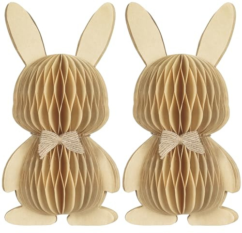 KI Store Khaki Easter Bunny Figurines 2pcs Paper Honeycomb Rabbits for Easter Spring Table Centerpiece Tiered Tray Mantel Shelves Display